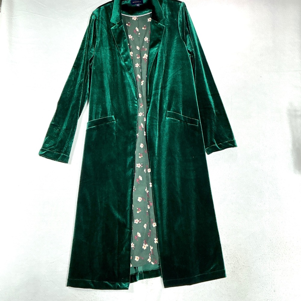 Skies Are Blue Size M Long Duster Coat Dark Green Velvet Womens MSRP $108